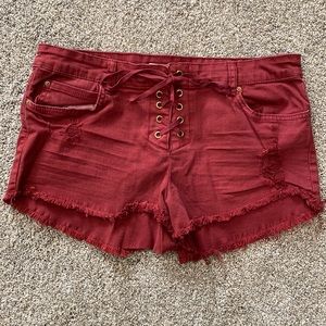 Billabong Lace Up fly Cutoff Denim Shorts in Rust Ref,  retro cutoff styling